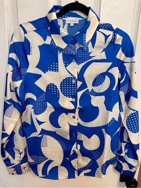 S’edge Blue & Cream Abstract Button-Up Blouse Size S NWOT